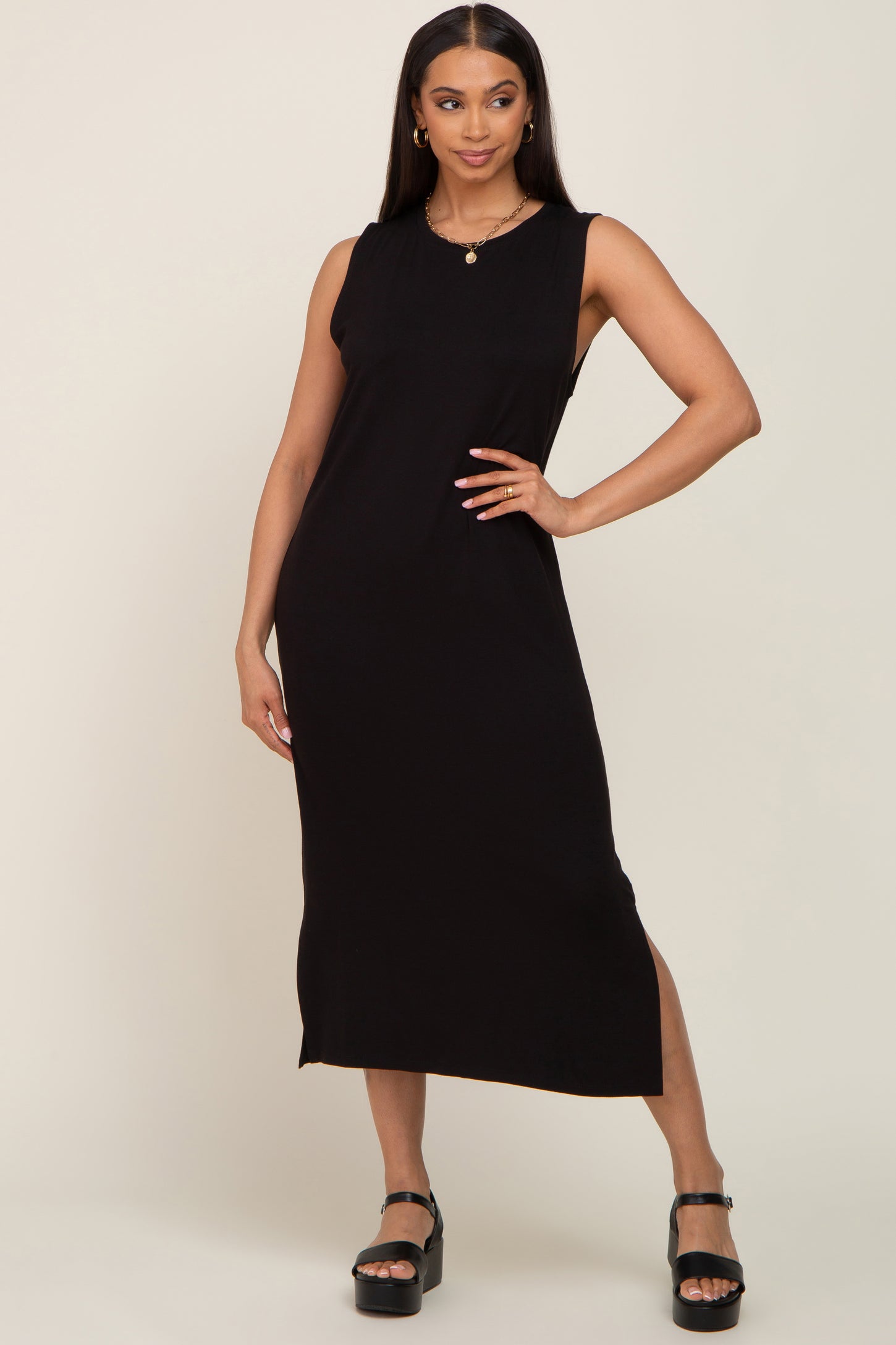 Black Sleeveless Side Slit Midi Dress
