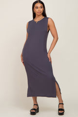 Charcoal Sleeveless Side Slit Maternity Midi Dress