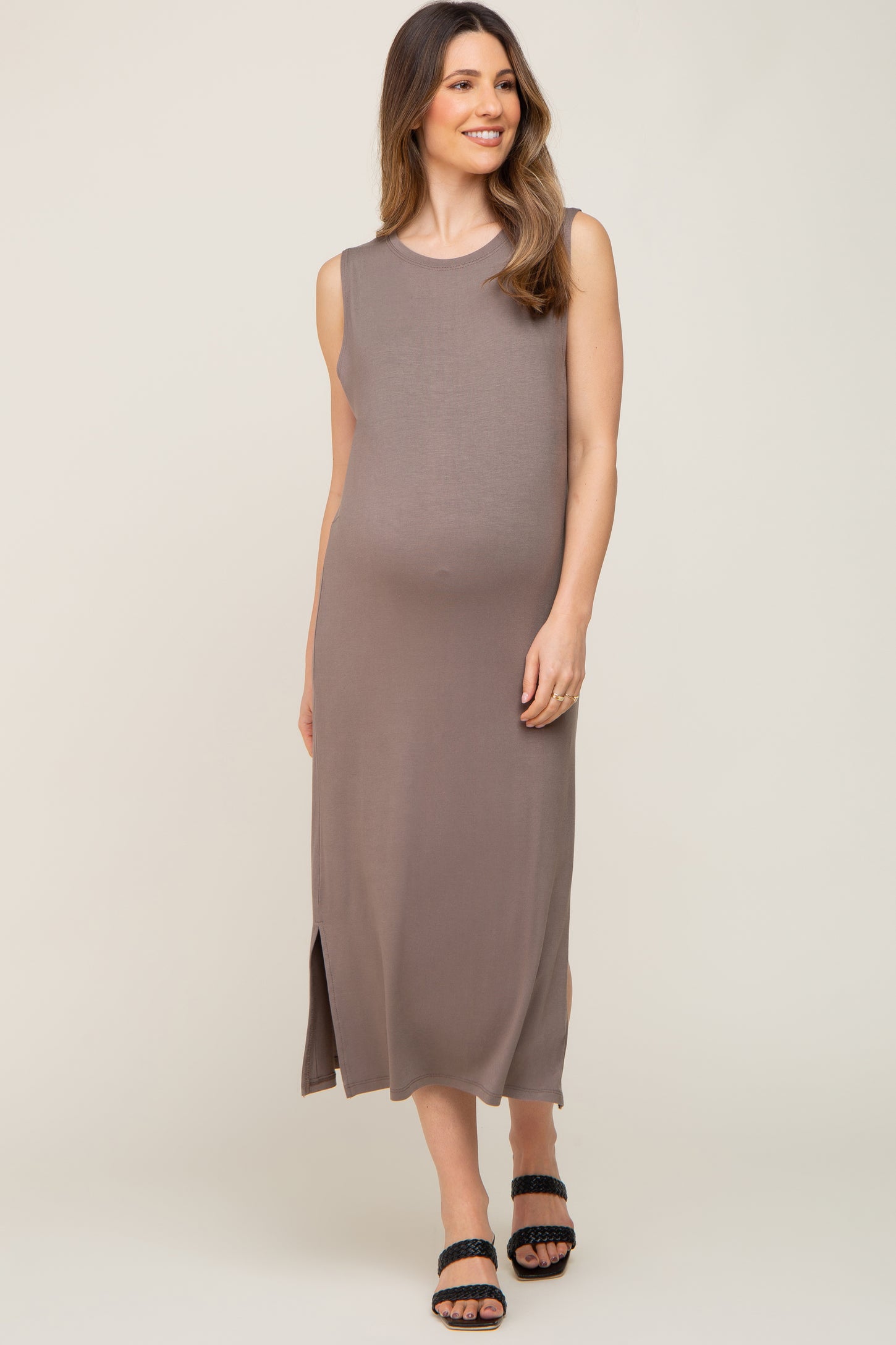 Mocha Sleeveless Side Slit Maternity Midi Dress