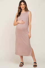 Taupe Sleeveless Side Slit Maternity Midi Dress