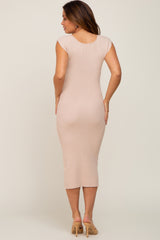 Beige Ribbed Knit Fitted Maternity Dress