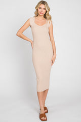 Beige Ribbed Knit Fitted Maternity Dress