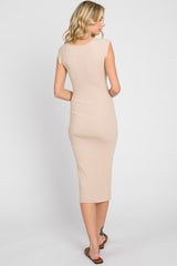 Beige Ribbed Knit Fitted Dress