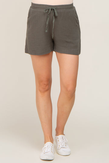 Olive Drawstring Linen Maternity Shorts