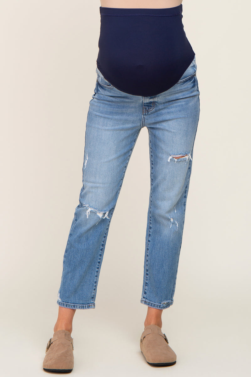 Light Blue Distressed Knee Straight Maternity Jeans