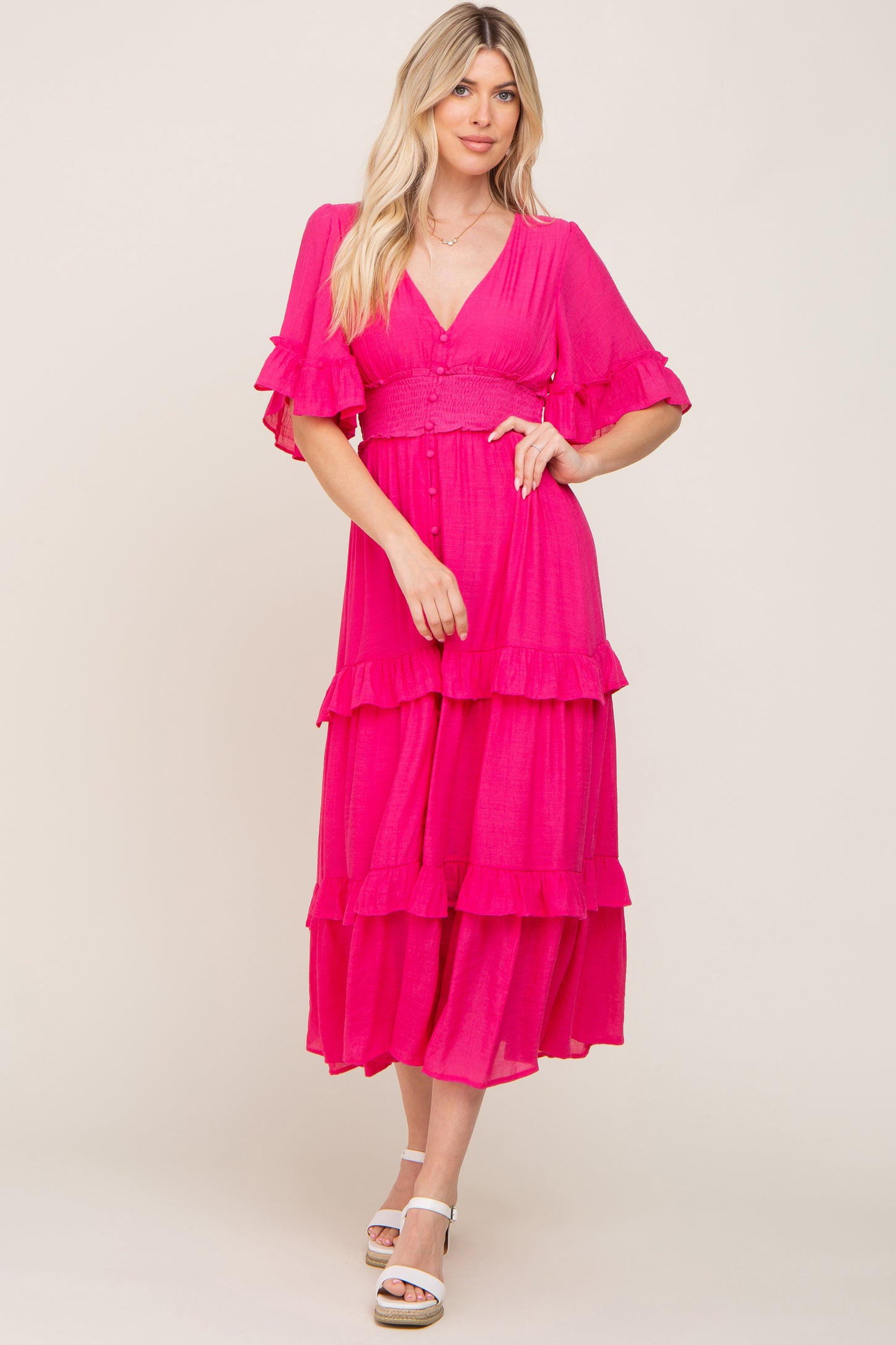 Fuchsia Button-Down Front Ruffle Tiered Maxi Dress– PinkBlush