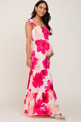 Fuchsia Floral Smocked Tiered Maternity Maxi Dress