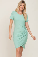 Mint Green Ribbed Ruched Side Wrap Dress