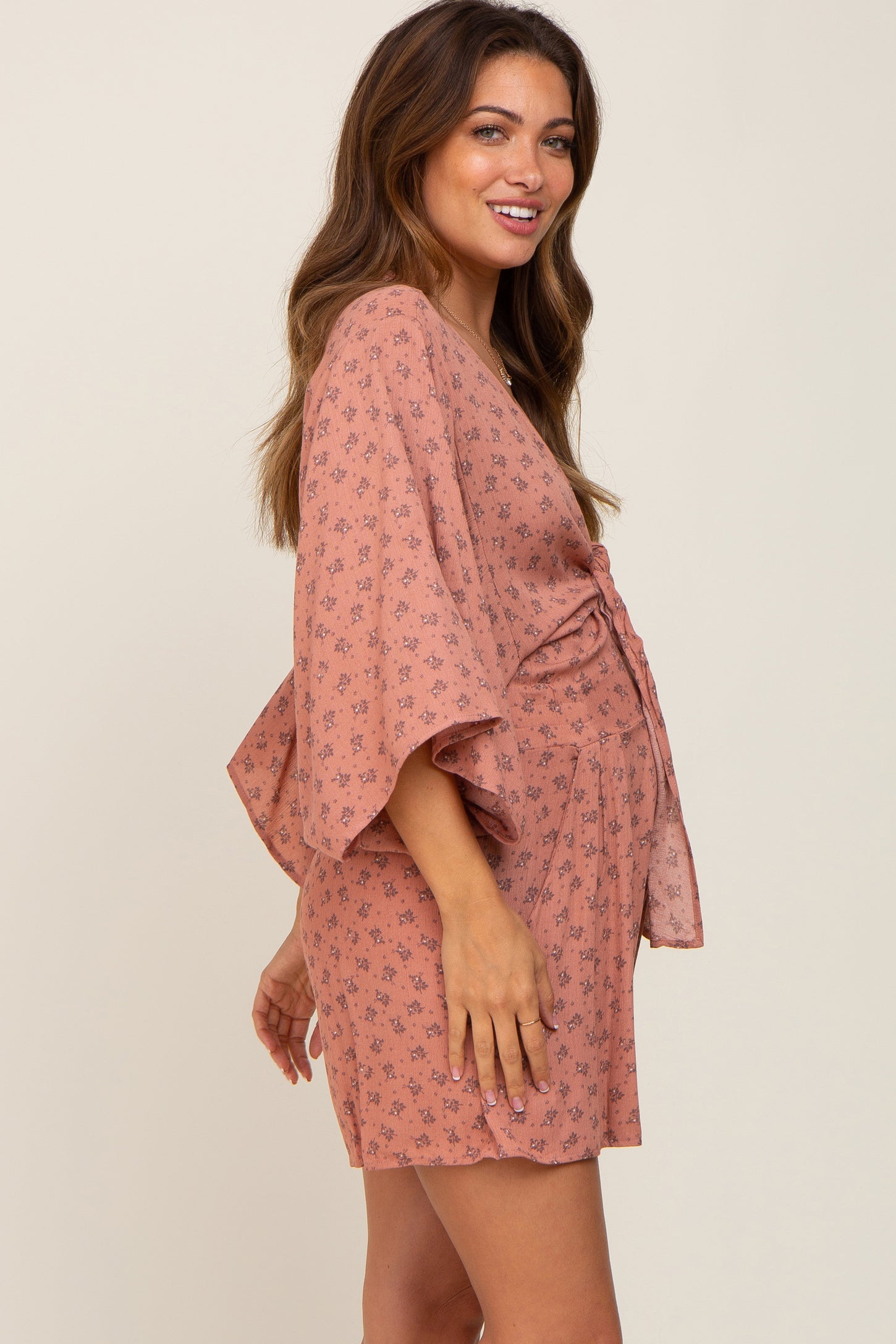 Rust Floral Front Tie Maternity Romper PinkBlush