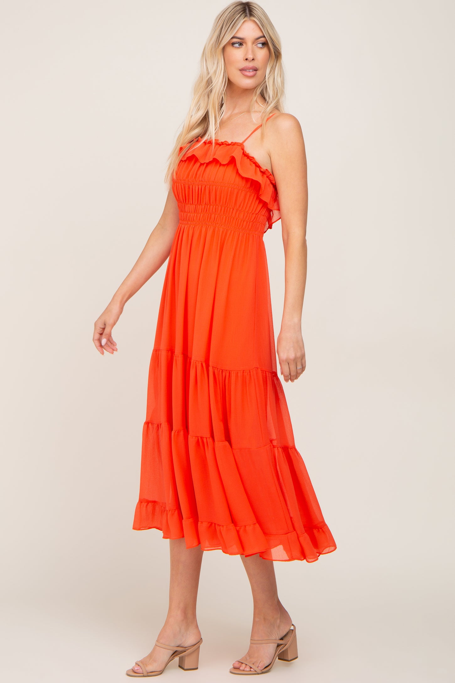 Orange Shirred Ruffle Midi Dress