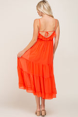 Orange Shirred Ruffle Midi Dress