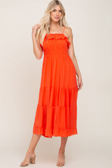 Orange Shirred Ruffle Midi Dress