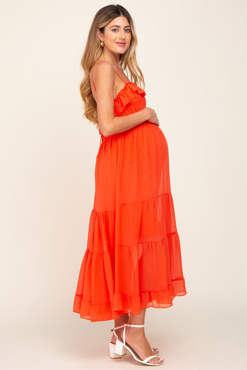 Orange Shirred Ruffle Maternity Midi Dress – PinkBlush