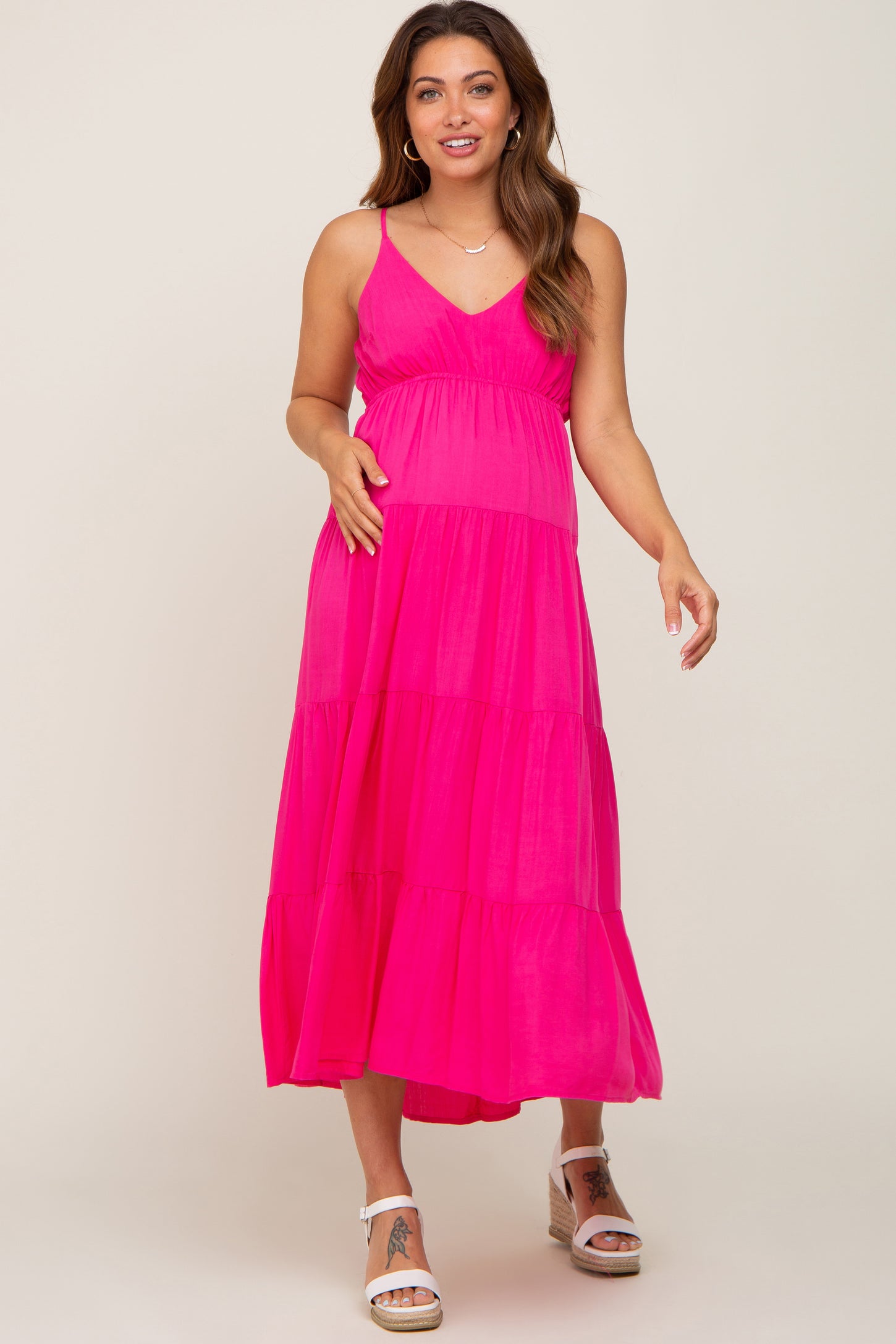 Fuchsia Sleeveless Tiered Maternity Midi Dress PinkBlush