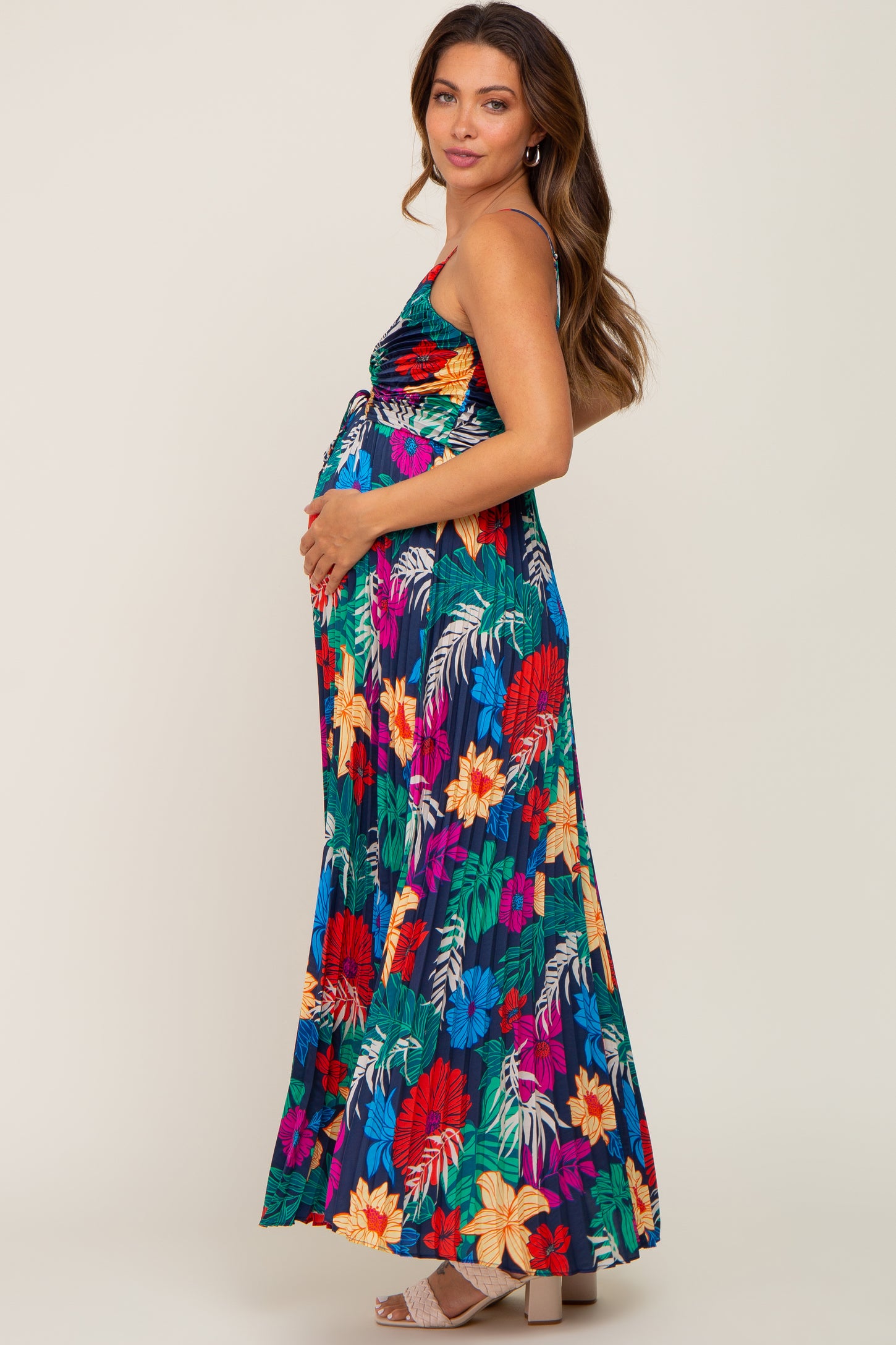 Black Tropical Floral Satin Pleated Maternity Maxi Dress – PinkBlush