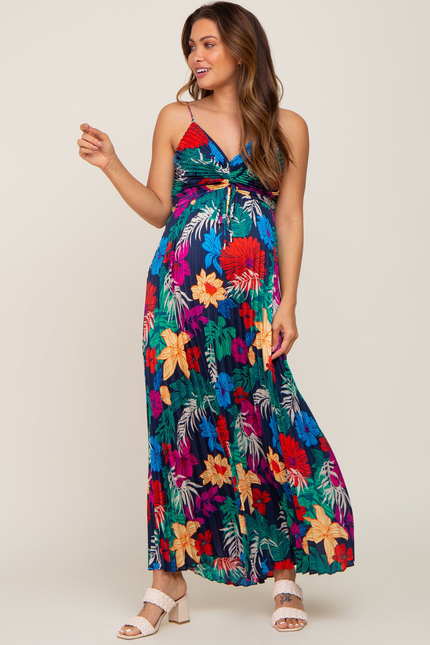 Black Tropical Floral Satin Pleated Maternity Maxi Dress – PinkBlush