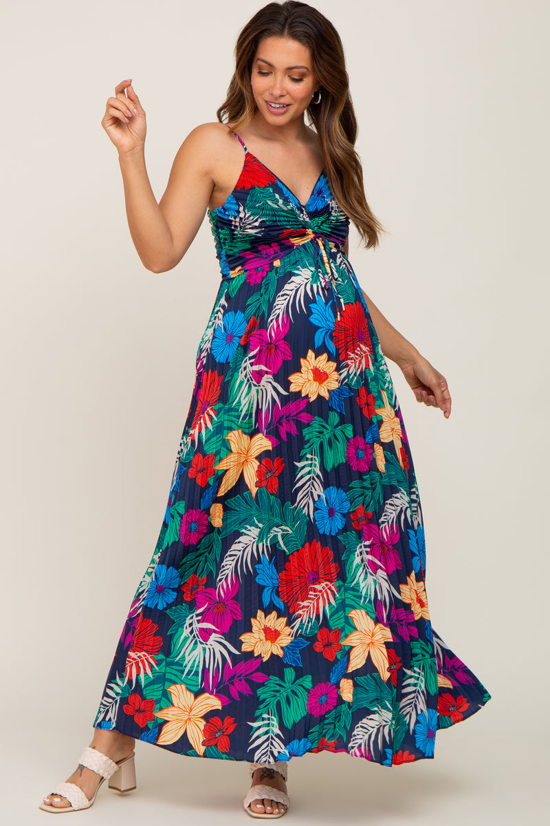 Black Tropical Floral Satin Pleated Maternity Maxi Dress– PinkBlush