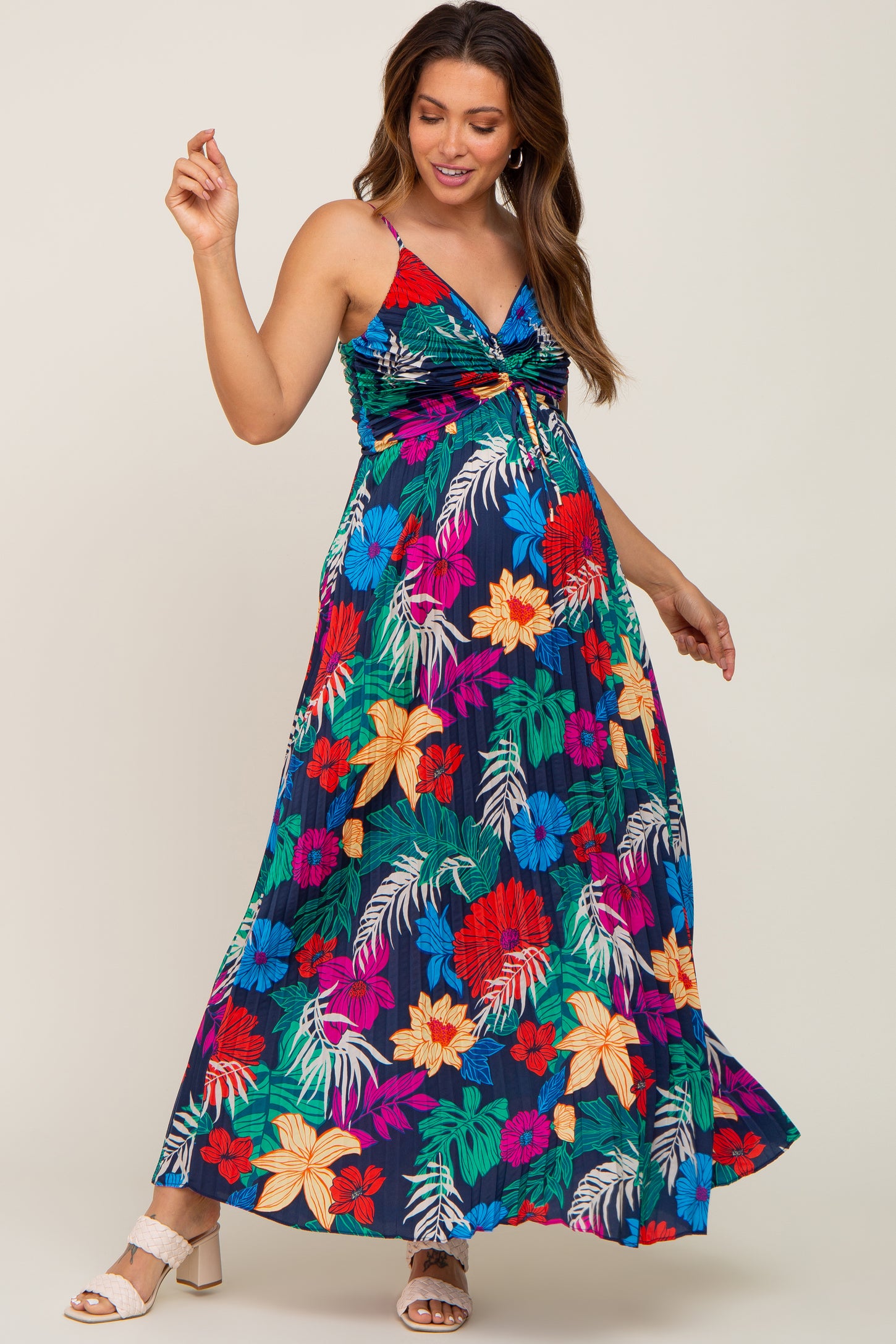 Black Tropical Floral Satin Pleated Maternity Maxi Dress Black Tropical Floral Satin Pleated Maternity Maxi Dress