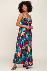 Black Tropical Floral Satin Pleated Maxi Dress