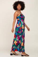 Black Tropical Floral Satin Pleated Maxi Dress