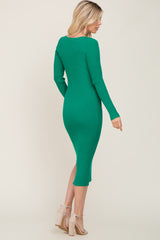 Green Ribbed Ruched Front Long Sleeve Midi Dress