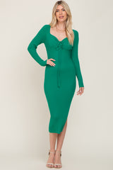 Green Ribbed Ruched Front Long Sleeve Midi Dress