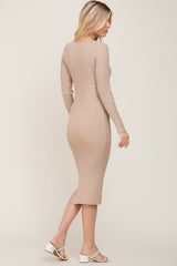 Beige Ribbed Ruched Front Long Sleeve Midi Dress