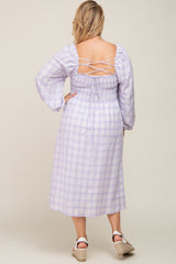 Lavender Plaid Smocked Square Neck Lace-Up Back Maternity Plus Midi Dress