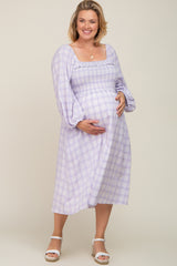 Lavender Plaid Smocked Square Neck Lace-Up Back Maternity Plus Midi Dress