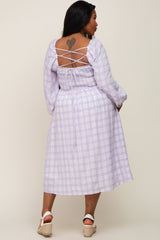 Lavender Plaid Smocked Square Neck Lace-Up Back Plus Midi Dress