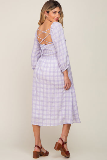 Lavender Plaid Smocked Square Neck Lace-Up Back Maternity Midi Dress