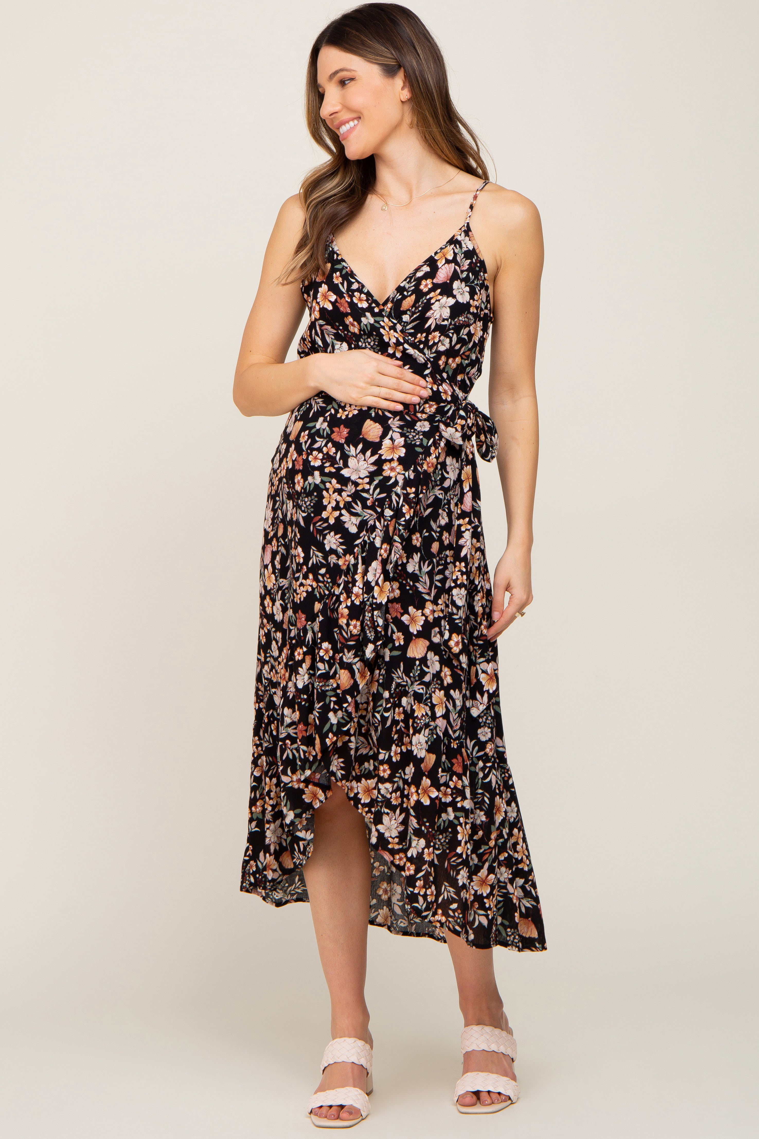 knee length dresses for ladies Summer Midi Wrap Dress In Black With Pink And Blue Floral Print – Love