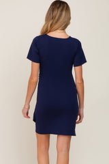 Navy Ruched Wrap Tulip Hem Fitted Maternity/Nursing Dress