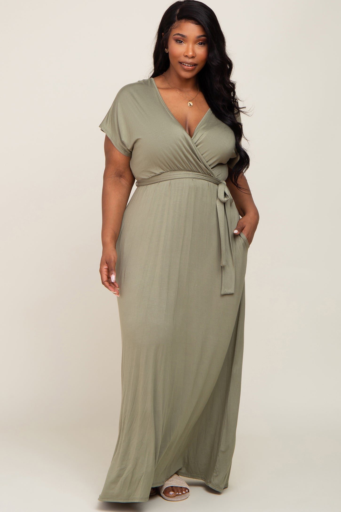 Light Olive Basic Maternity Plus Wrap Maxi Dress PinkBlush Light Olive Basic Maternity Plus Wrap Maxi Dress PinkBlush