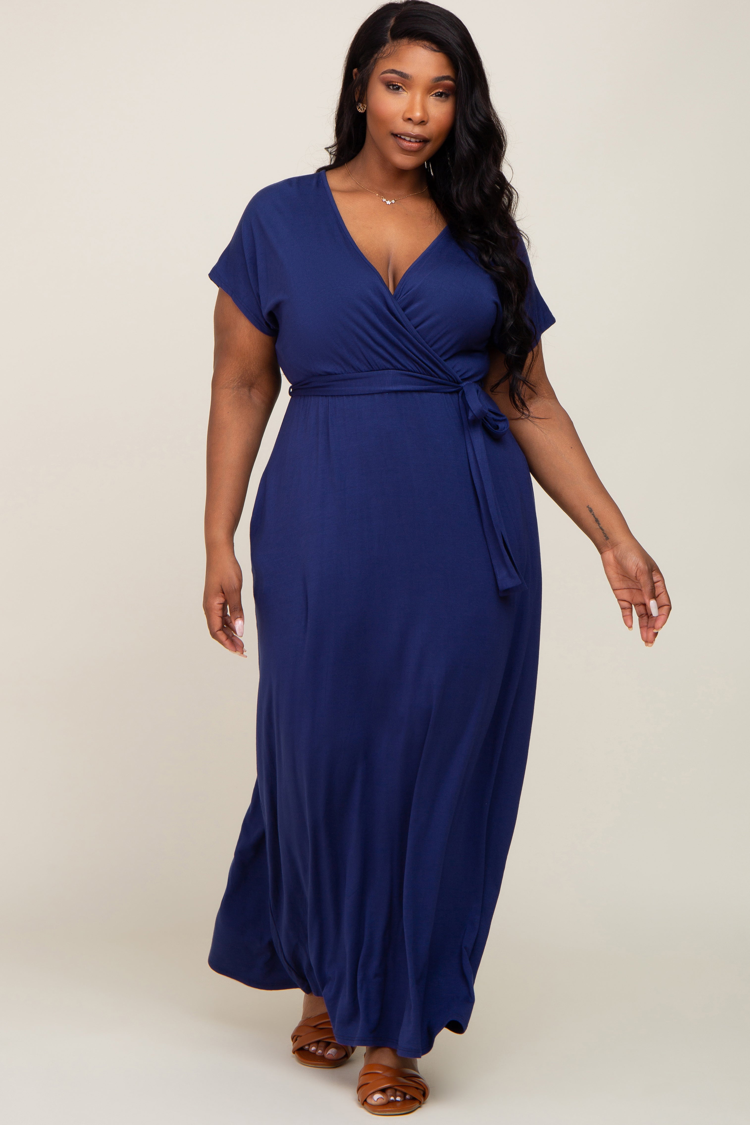 navy blue wrap dress plus size Navy Basic Plus Wrap Maxi Dress – PinkBlush