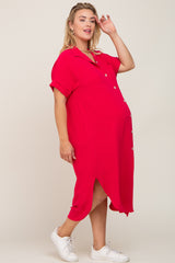 Fuchsia Button Down Hi Low Maternity Plus Maxi Dress