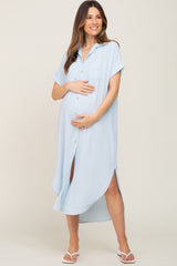 Light Blue Button Down Hi Low Maternity Maxi Dress