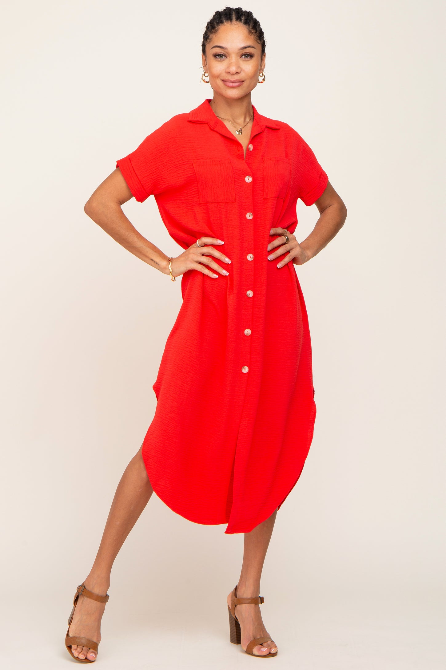 Red Button Down Hi Low Maternity Maxi Dress PinkBlush