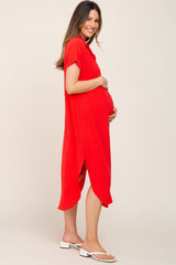 Red Button Down Hi Low Maternity Maxi Dress
