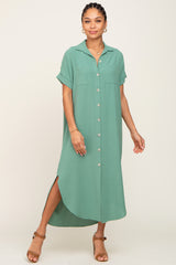 Green Button Down Hi Low Maxi Dress