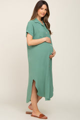 Green Button Down Hi Low Maternity Maxi Dress