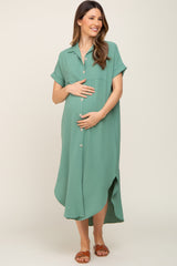 Green Button Down Hi Low Maternity Maxi Dress