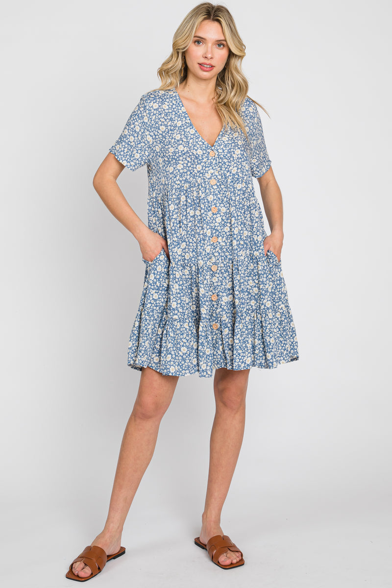 Blue Floral Button Front Tiered Short Sleeve Dress– PinkBlush
