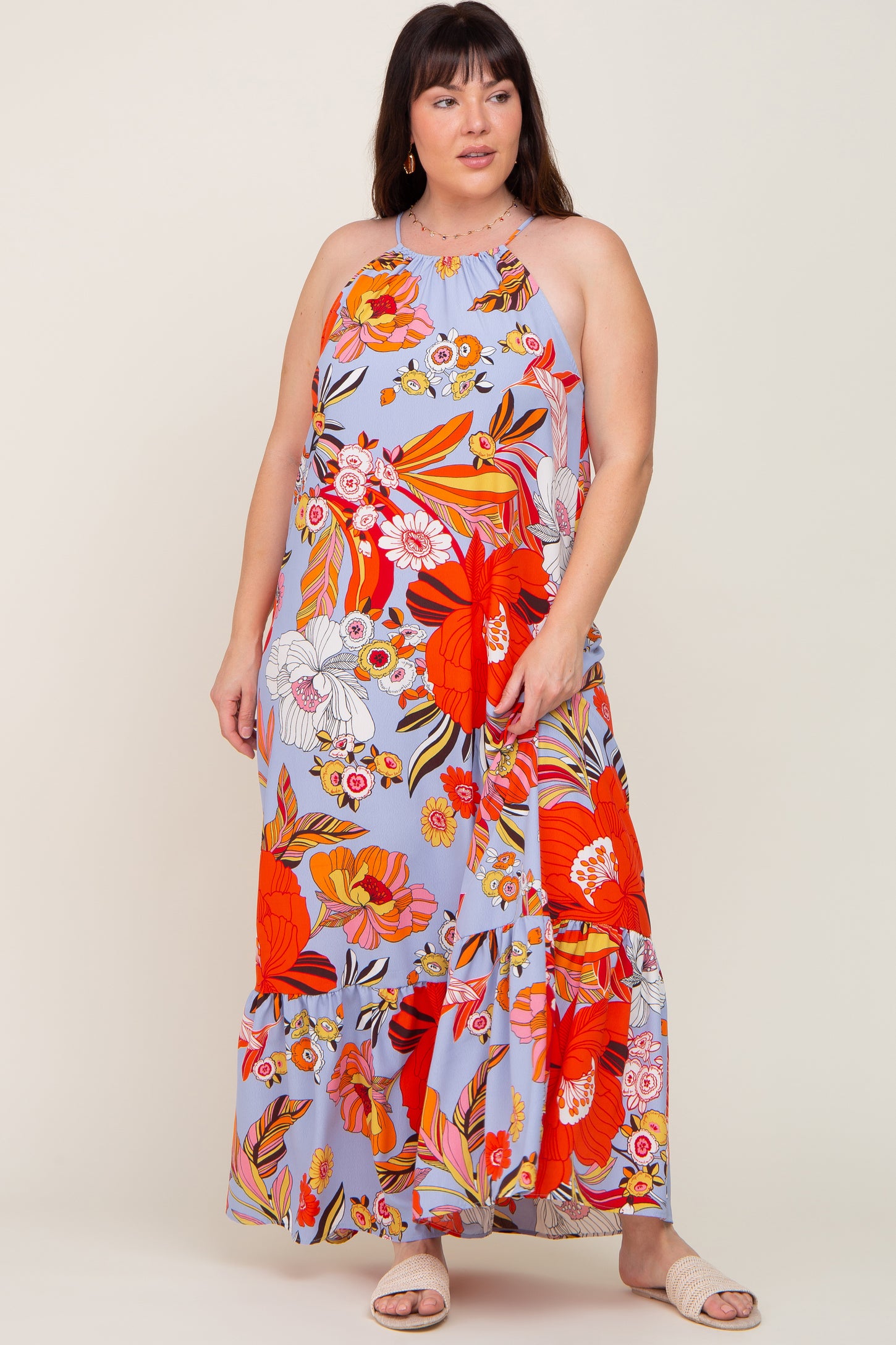 halter plus size floral dress Kimana Floral Halter Neck Maxi Dress Curve WHT-GREENS / 1X by Sugarlips