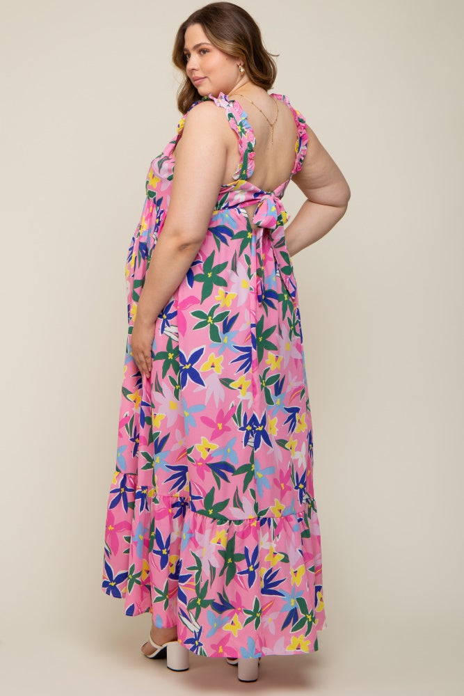 Pink Floral Ruffle Strap Maternity Plus Size Maxi Dress