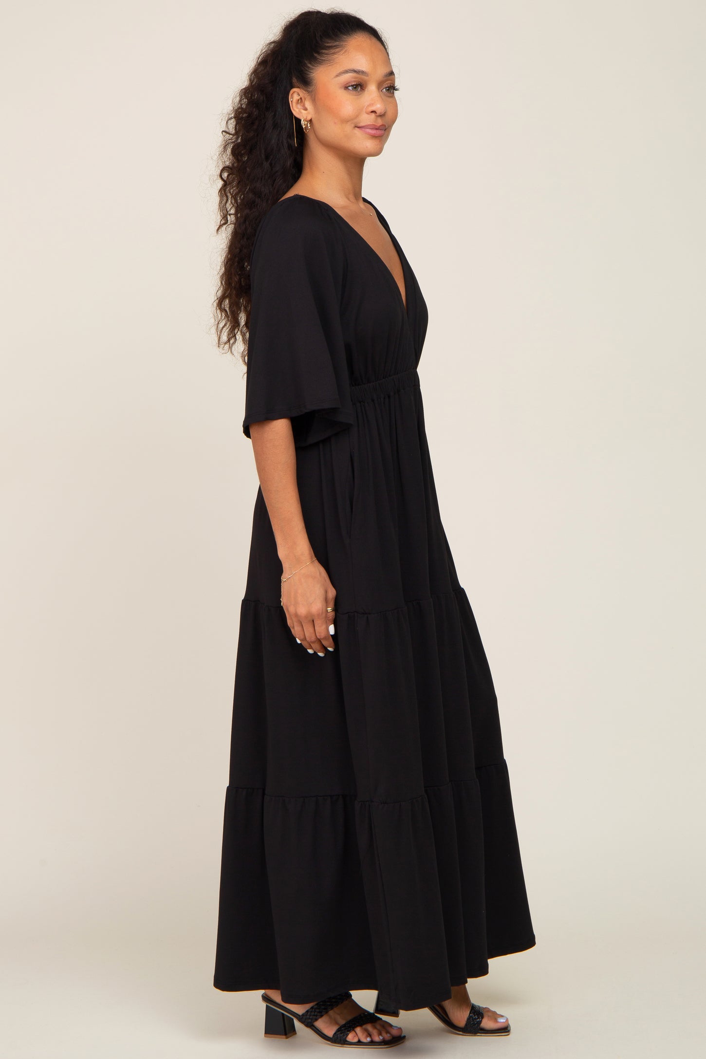 Black Deep V-Neck Tiered Maxi Dress PinkBlush Black Deep V-Neck Tiered Maxi Dress PinkBlush