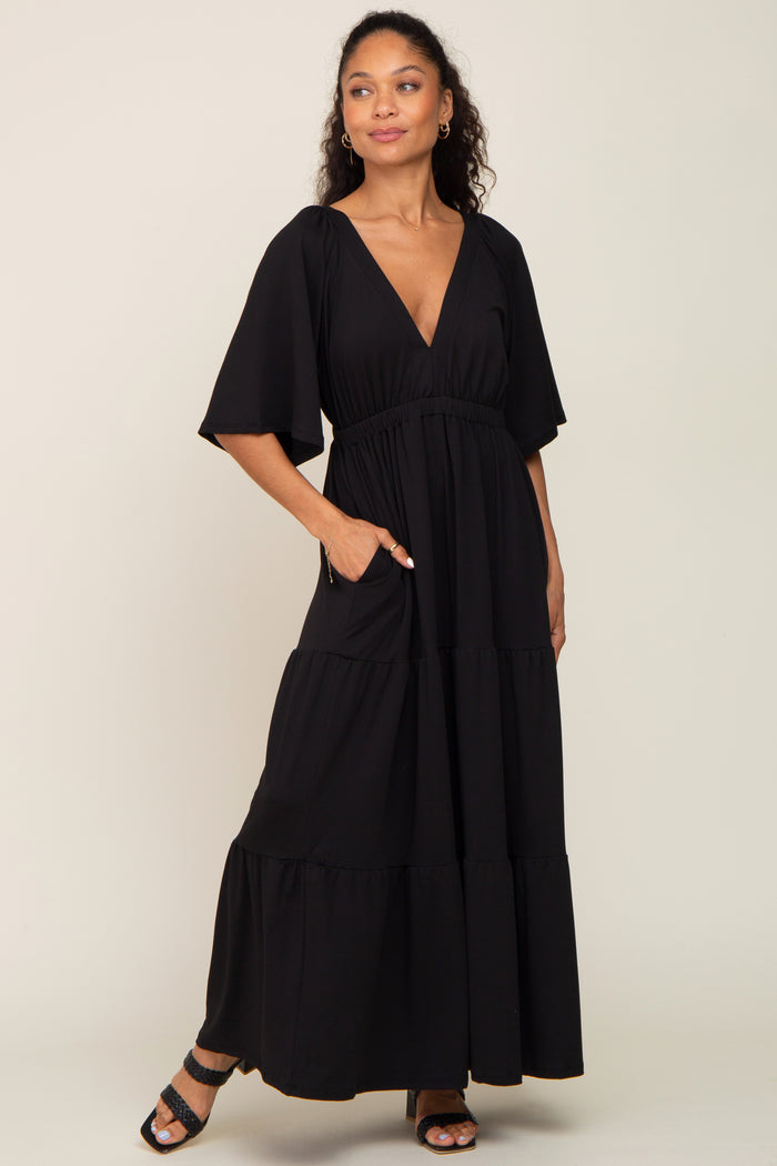 Black Deep V-Neck Tiered Maxi Dress