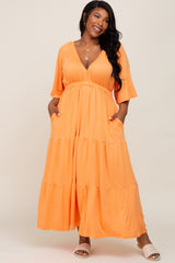 Orange Deep V-Neck Tiered Plus Maxi Dress
