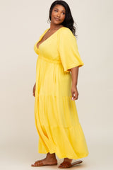 Yellow Deep V-Neck Tiered Plus Maxi Dress
