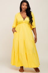 Yellow Deep V-Neck Tiered Plus Maxi Dress